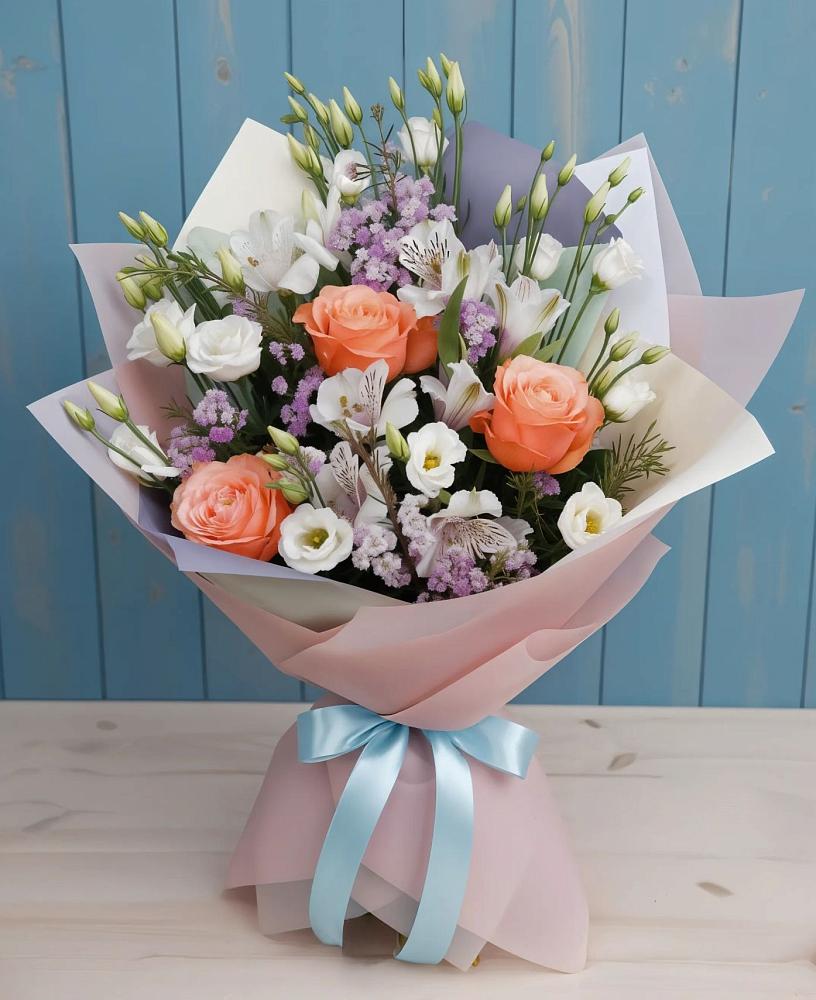 Букет цветов из: Лизиантусы, Розы, Альстромерии и Гипсофила в Красной Поляне Краснодарского края