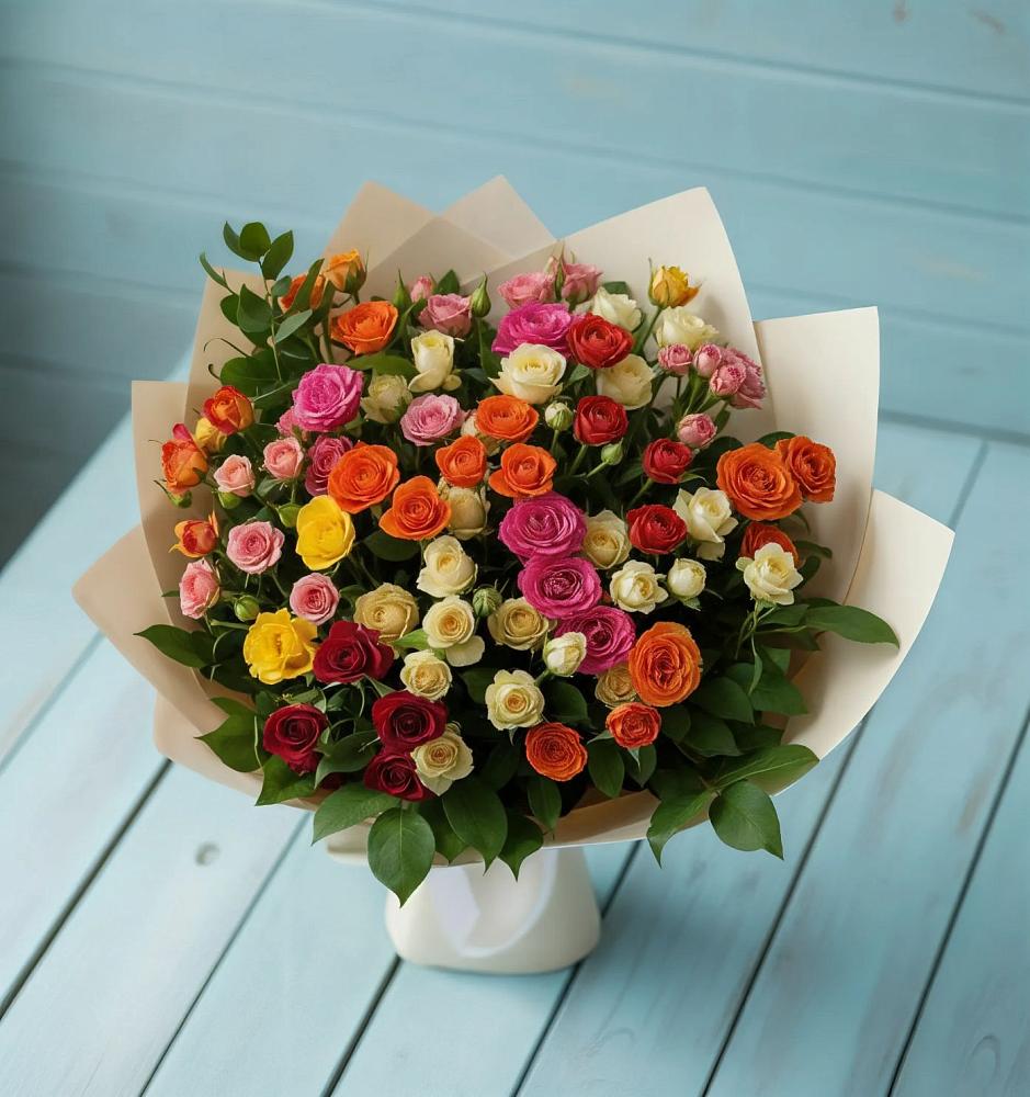 Букет Микс из разноцветных кустовых роз в Красной Поляне Краснодарского края