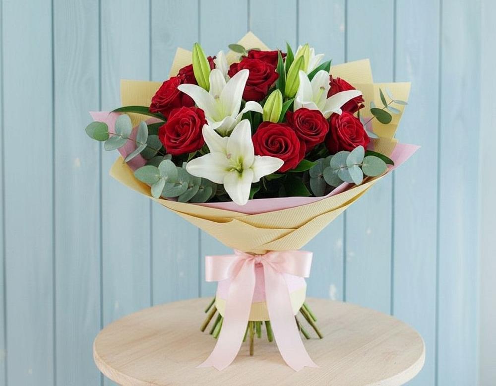 Букет цветов из: Лилии и Розы в Красной Поляне Краснодарского края