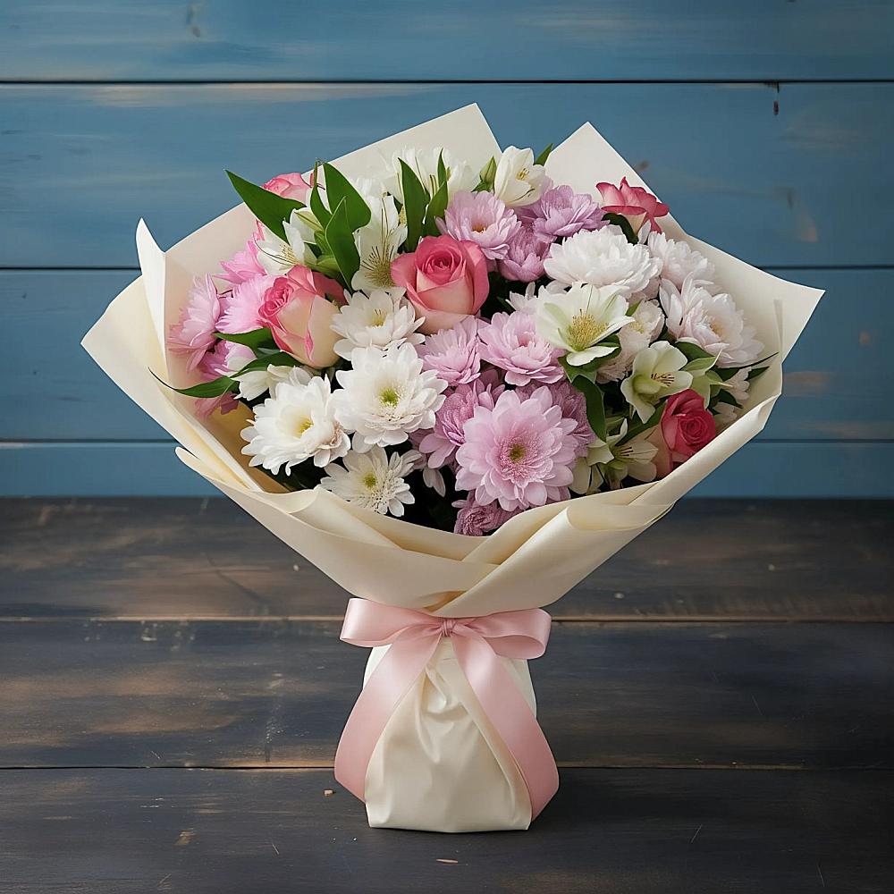 Букет цветов из: Хризантемы, Альстромерии и Розы в Красной Поляне Краснодарского края